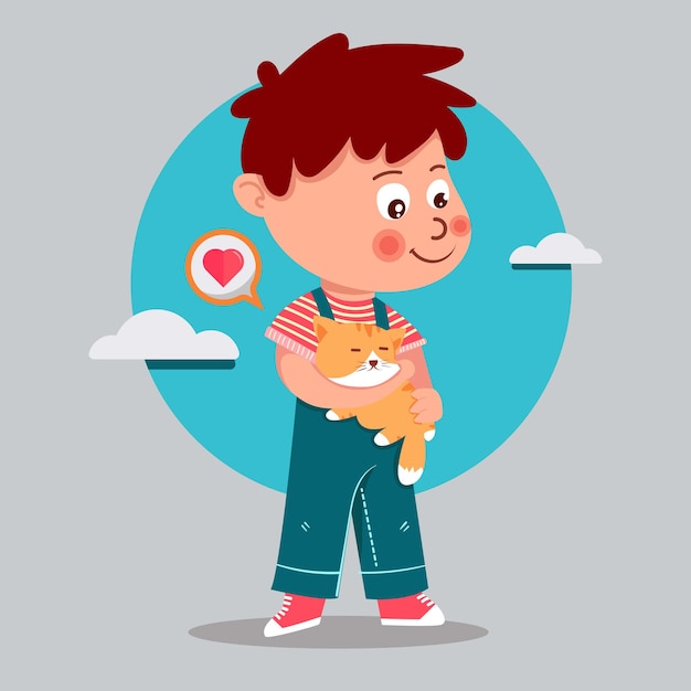 Vector cute boy cat lover with cat cartoon illustration