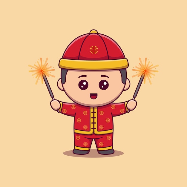 милый мальчик празднует китайский Новый год с фейерверком