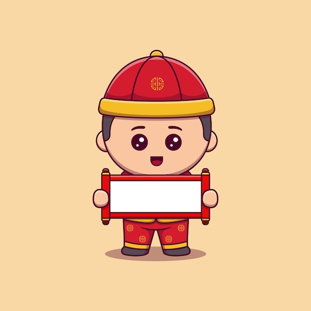 Cute boy celebrate chinese new year holding paper scroll