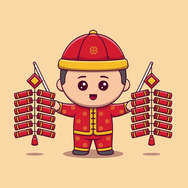 cute boy celebrate chinese new year holding red firecracker