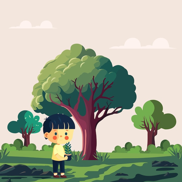 Cute Boy Character Holding A Plant On Nature Background Environment Day Concept