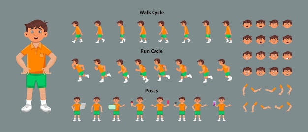 Vector cute boy character model sheet with walk cycle and run cycle animation sequence. boy character with different poses