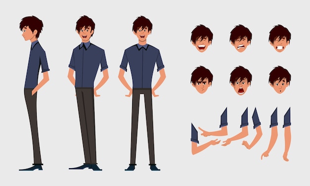 Cute boy character turn around with various facial emotions and hand poses.