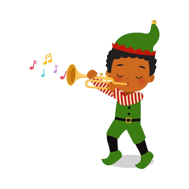 Ragazzo carino in costume da elfo di natale che suona uno strumento