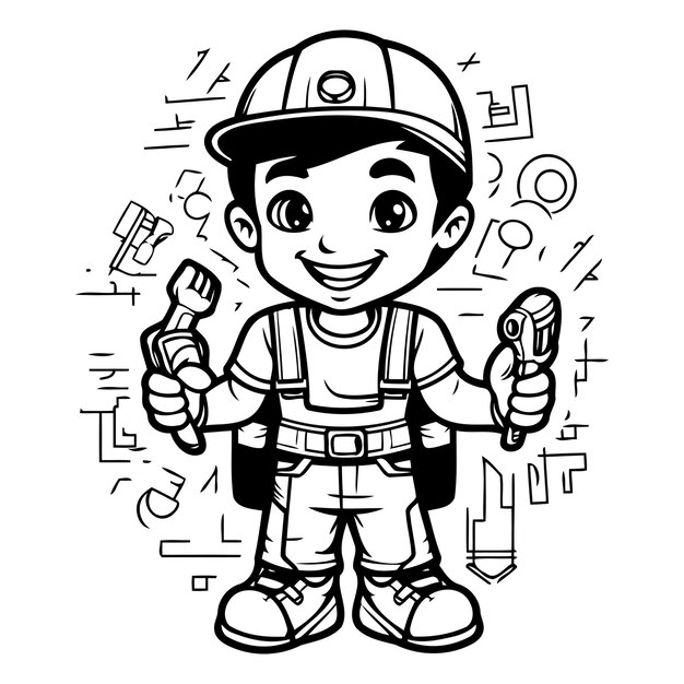 Cute boy construction worker holding wrench and screwdriver Vector illustration