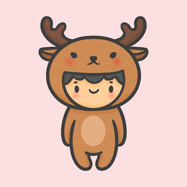 Cute boy costume reindeer christmas hand drawn cartoon style