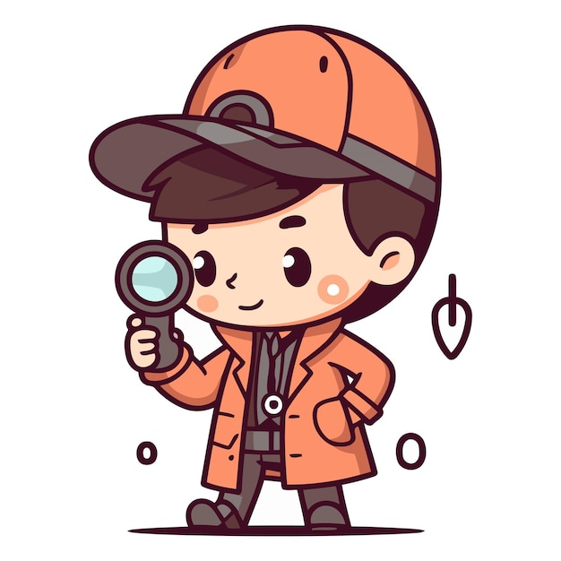 Cute boy detective with magnifying glass in cartoon style