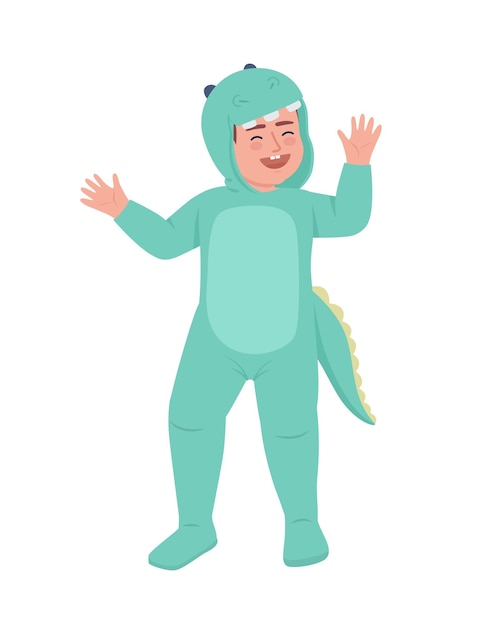 Cute boy in dinosaur costume semi flat color vector character