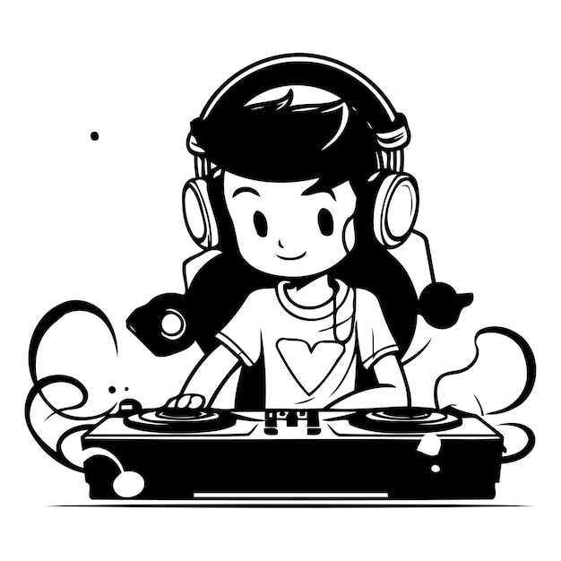 Vector cute boy dj playing music on turntable vector illustration