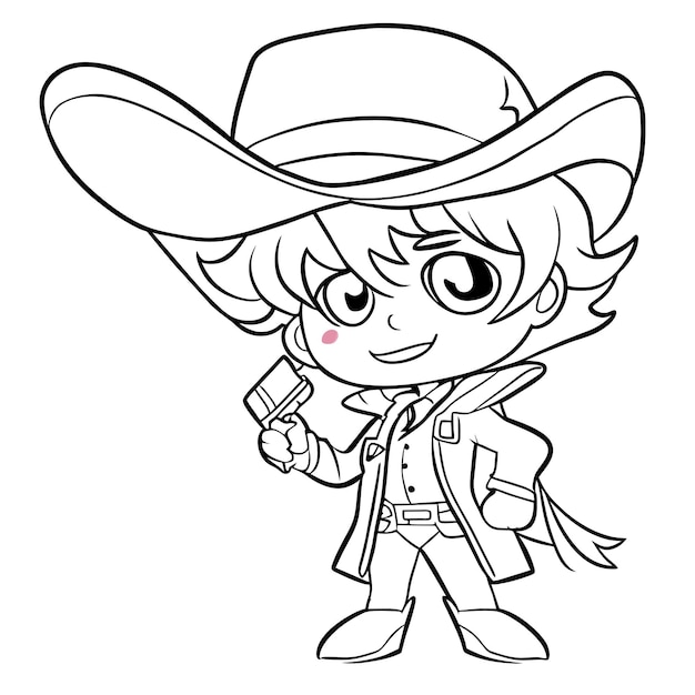 Cute boy dressed as a cowboy with a revolver hand drawn cartoon sticker icon concept illustration