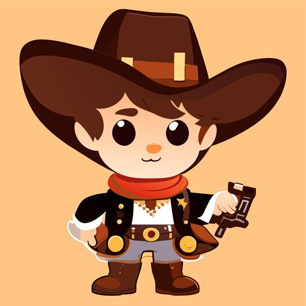 Vector cute boy dressed as a cowboy with a revolver hand drawn cartoon sticker icon concept illustration