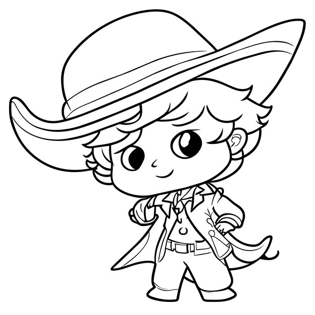 Vector cute boy dressed as a cowboy with a revolver hand drawn cartoon sticker icon concept illustration