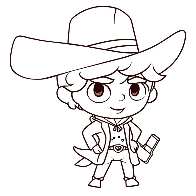 Vector cute boy dressed as a cowboy with a revolver hand drawn cartoon sticker icon concept illustration