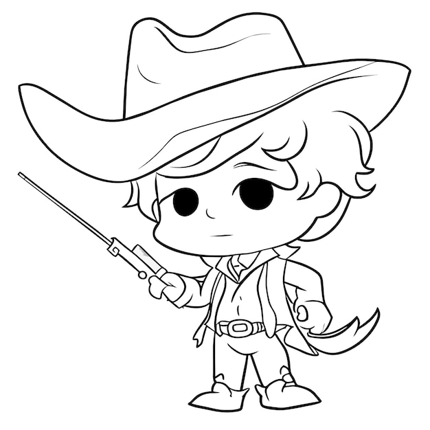 Ragazzo carino vestito da cowboy con un'illustrazione di concetto dell'icona dell'autoadesivo del fumetto disegnato a mano di rivoltella