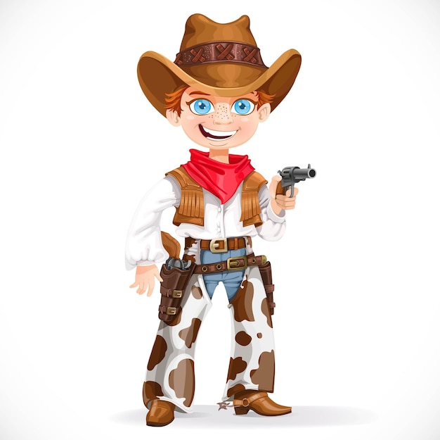 Vector cute boy dressed as a cowboy with revolver isolated on a white background