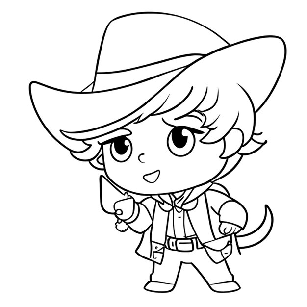 cute boy dressed as a cowboy with revolver vector illustration line art