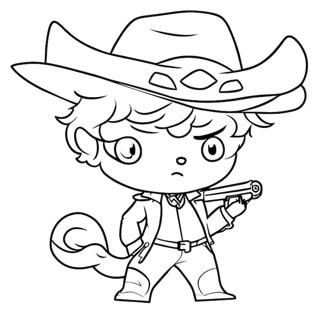 cute boy dressed as a cowboy with revolver vector illustration line art