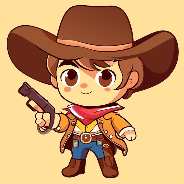 Vettore un ragazzo carino vestito da cowboy con un'illustrazione vettoriale di revolver