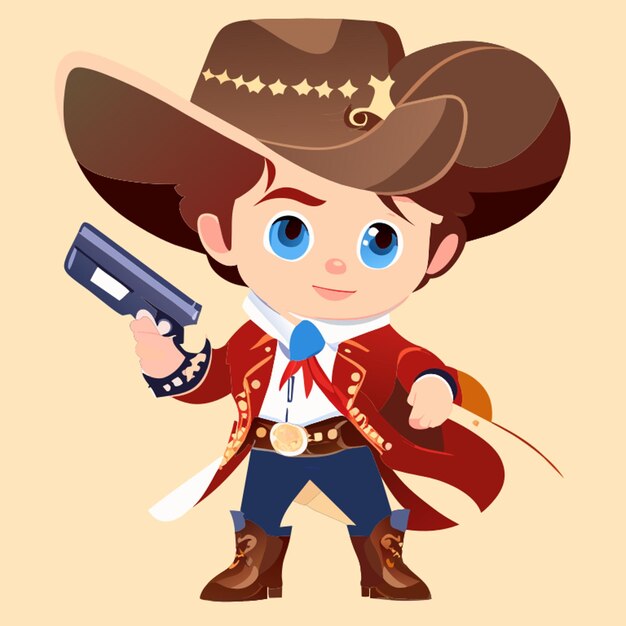 Ragazzo carino vestito da cowboy con un'illustrazione vettoriale di revolver