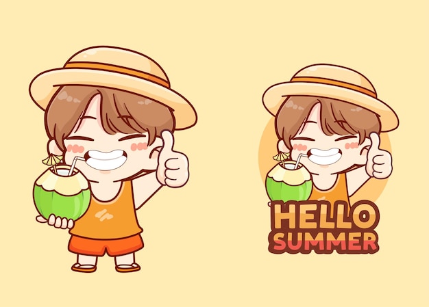 Cute boy drink fresh coconut say hello summer illustration