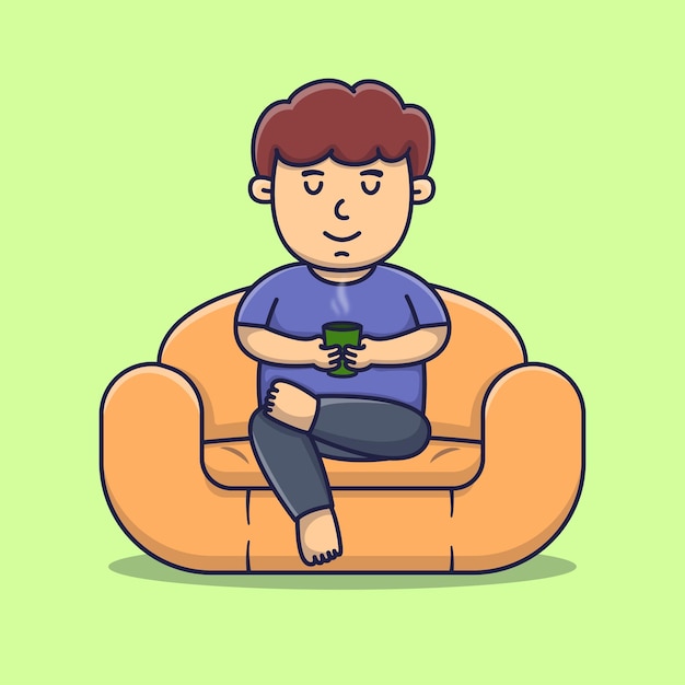 Vector cute boy drink hot tea on sofa cartoon vector illustration