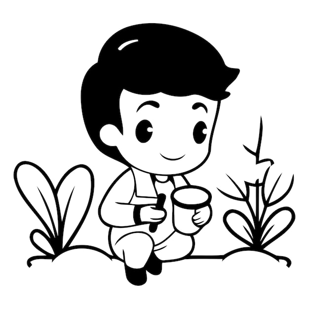 ベクトル 公園でコーヒーを飲んでいる可愛い男の子ベクトルフラット漫画イラスト