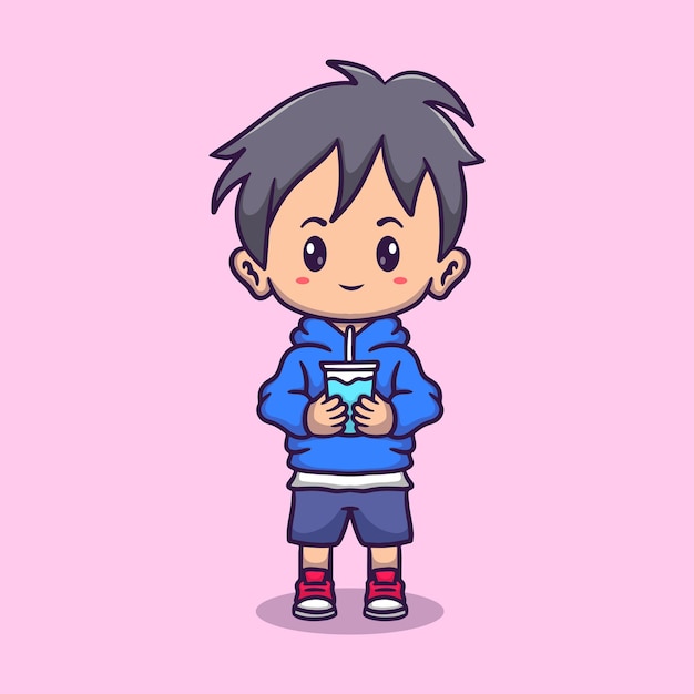 Vector xinh tươi boy drinking water cartoon vector icon illustration
