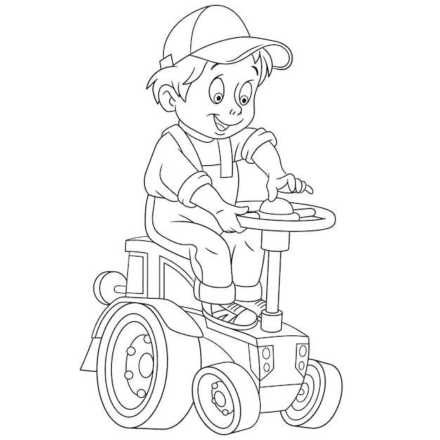 Cute boy driving farm tractor. People professions. Cartoon coloring book page for kids.