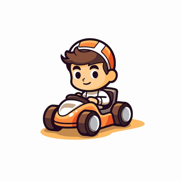 Cute boy driving a race car Vector illustration in cartoon style