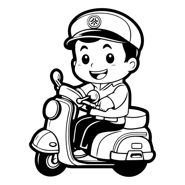 Vector cute boy driving a scooter on a blue background vector illustration