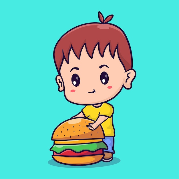 Cute boy eating big burger cartoon vector icon illustration