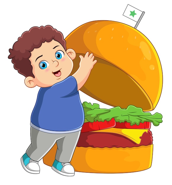 A cute boy eating a big burger
