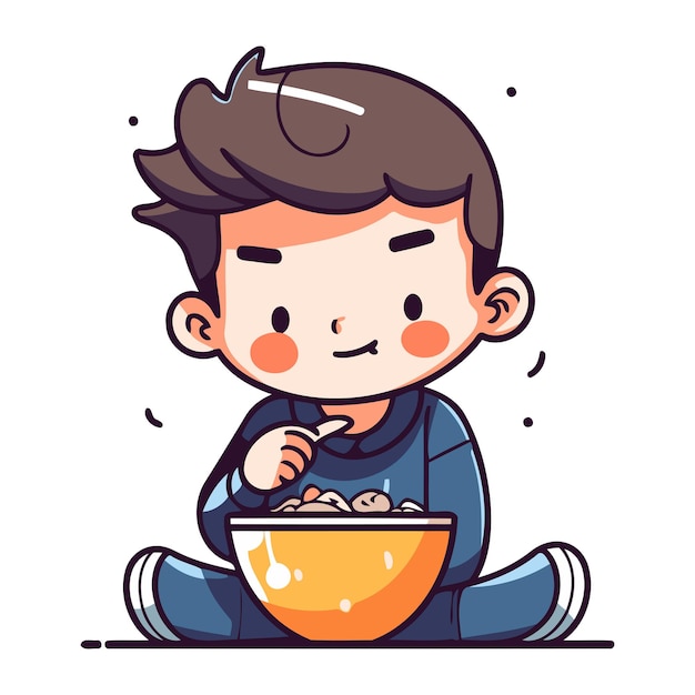 Vector cute boy eating cereals vector illustration in cartoon style