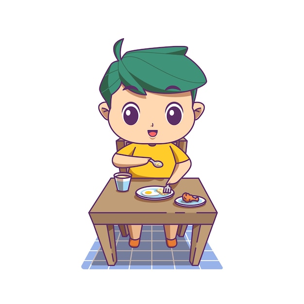 Vector cute boy eating at home illustration