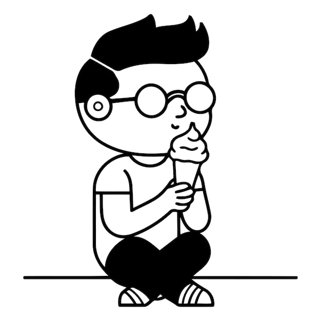 Cute boy eating ice cream in cartoon style