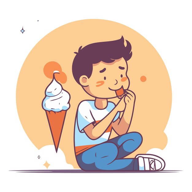 Cute boy eating ice cream in cartoon style