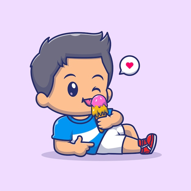 Vector cute boy eating ice cream cartoon vector icon illustration people food icon concept isolated flat