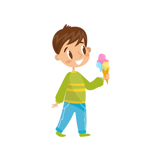 Cute boy eating ice cream cone vector Illustration on a white background