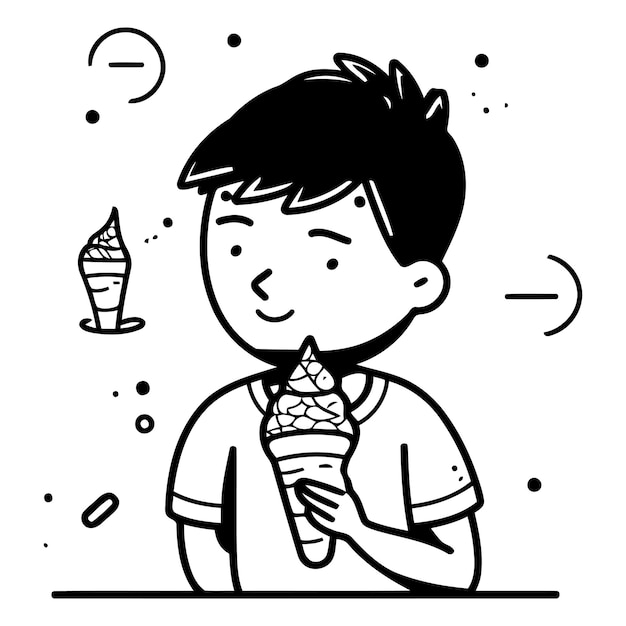 Cute boy eating ice cream in line style