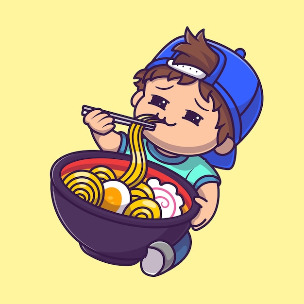 Vector cute boy eating ramen noodle cartoon vector icon illustration. people food icon concept isolated premium vector. flat cartoon style