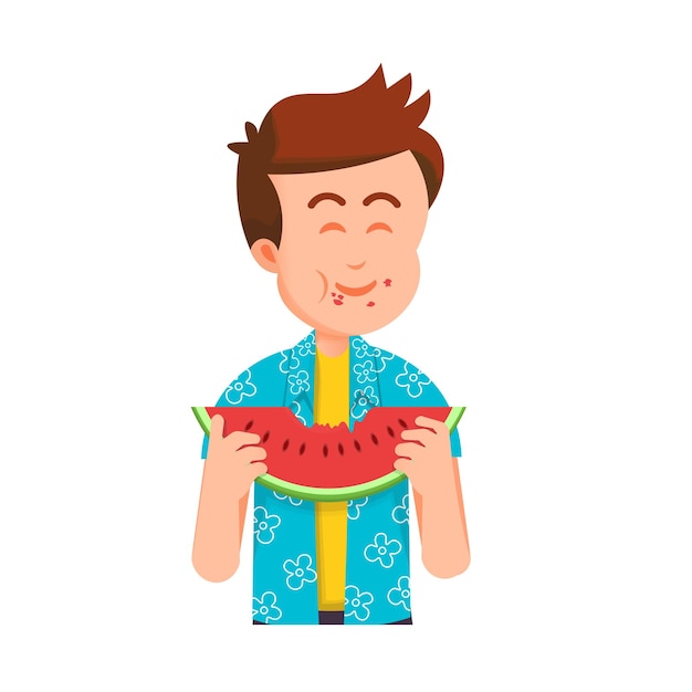 Vector a cute boy eats watermelon and really enjoys it
