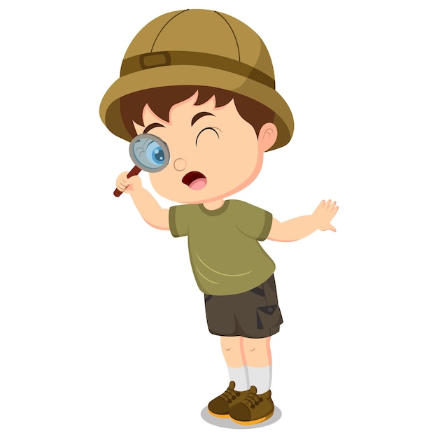 Vector cute boy explorer using a magnifying glass