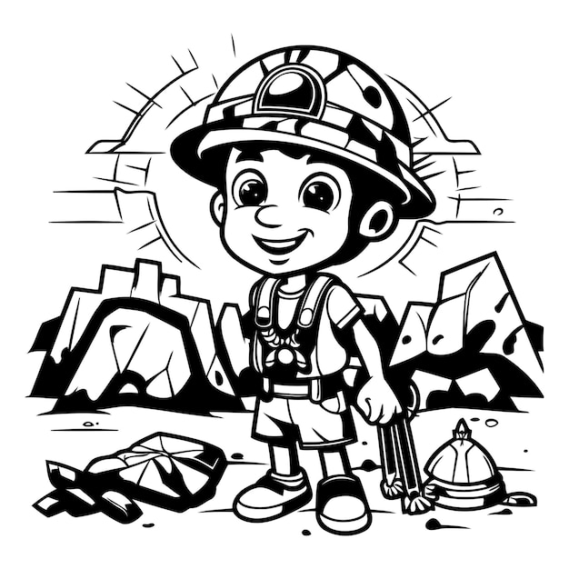 Cute boy explorer with treasure map Black and white vector illustration