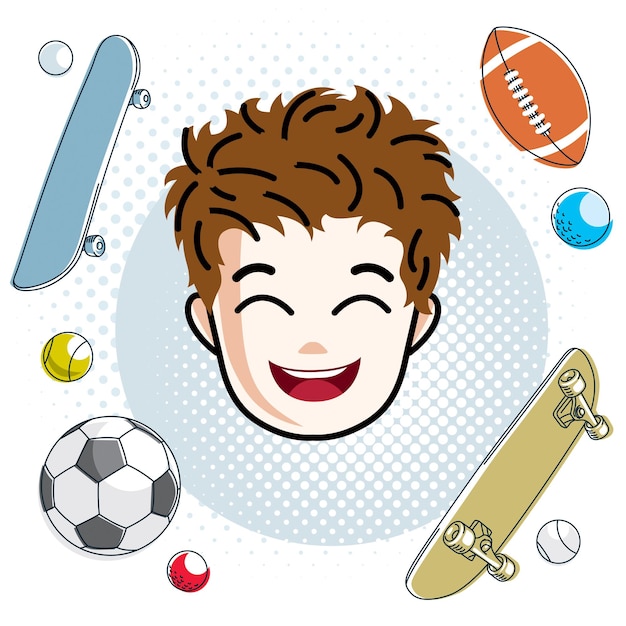 Cute boy face, human head. Vector redhead character, smiling toddler face features, sport and entertainment clipart.