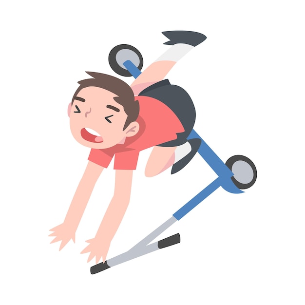 Vettore ragazzo carino che cade da un kick scooter incidente traumatico rischio per la salute dolore lesione illustrazione vettoriale in stile cartone animato