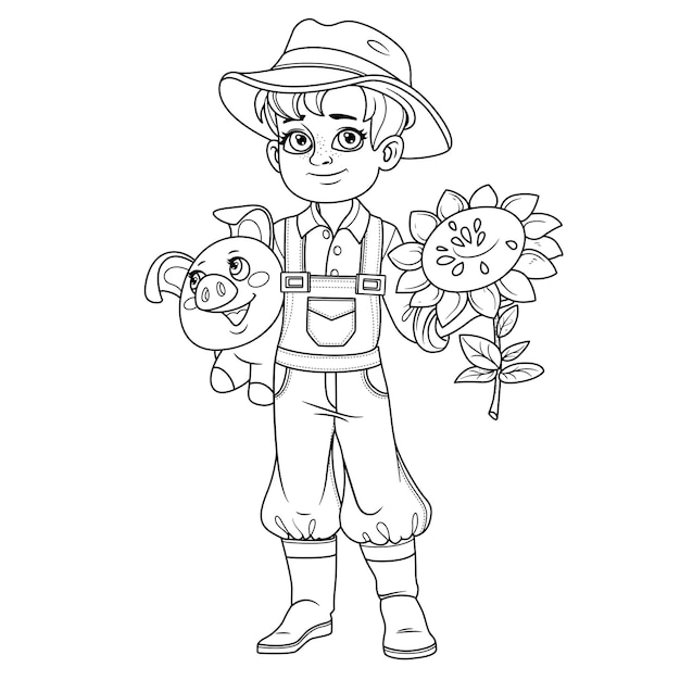 Cute boy in farmer costume with pig toy and sunflower in hands outlined for coloring page