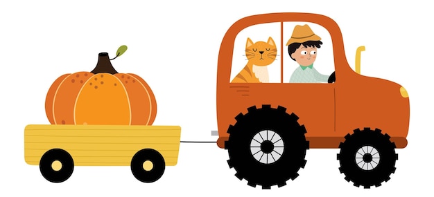 Simpatico agricoltore alla guida di un trattore con un gatto trasporto agricolo che trasporta una zucca con un personaggio divertente