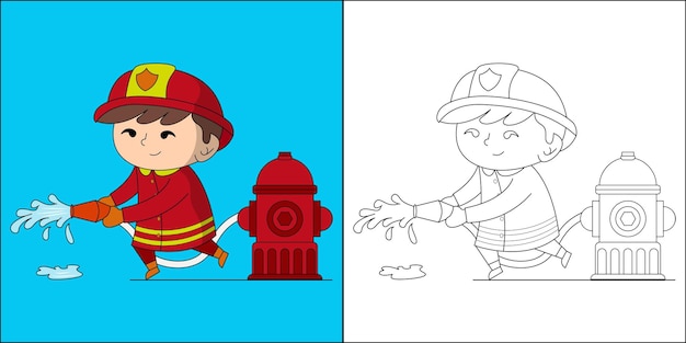 Милый мальчик-пожарный подходит для детской раскраски векторной иллюстрации