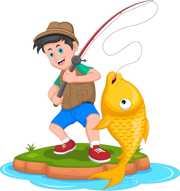 Vector cute boy fishing cartoon on white background