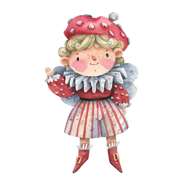 Cute boy in fly agaric dress watercolor cartoon illustration isolated on white background.